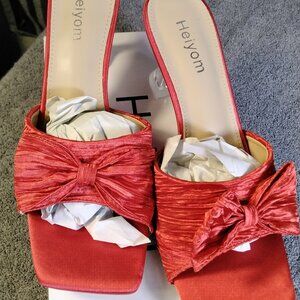 Heiyom Red Satin Bow Heeled Mules US 10 Clear Heel Slide Sandals Stiletto Nib